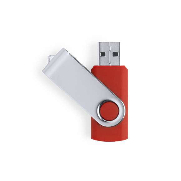 Memoria USB de 32GB de capacidad, con mecanismo giratorio, cuerpo de suave acabado y clip metálico. Presentada en estuche individual.