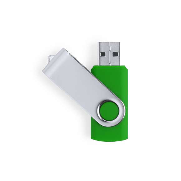Memoria USB de 32GB de capacidad, con mecanismo giratorio, cuerpo de suave acabado y clip metálico. Presentada en estuche individual.
