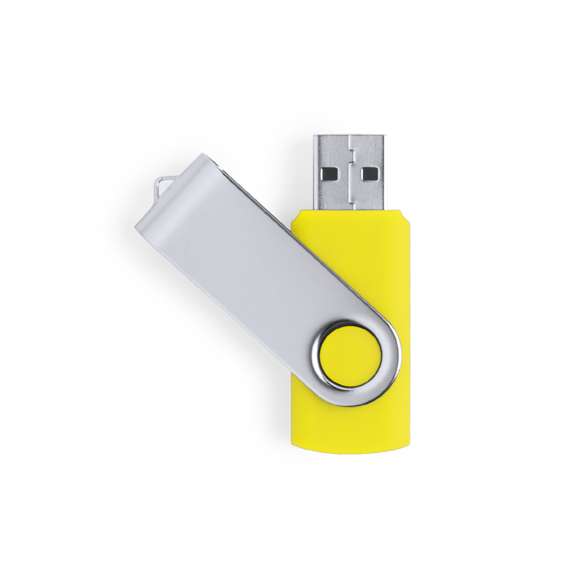 Memoria USB de 32GB de capacidad, con mecanismo giratorio, cuerpo de suave acabado y clip metálico. Presentada en estuche individual.