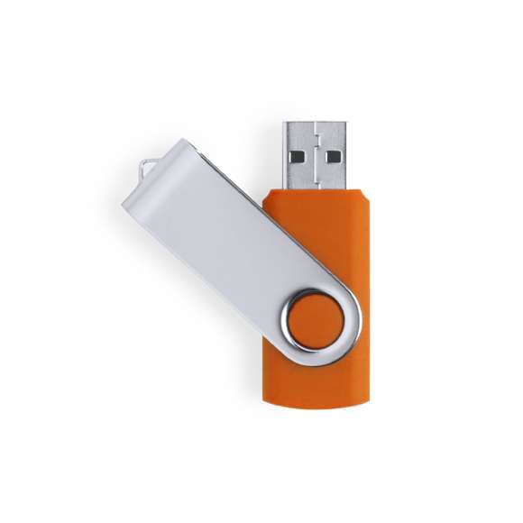 Memoria USB de 32GB de capacidad, con mecanismo giratorio, cuerpo de suave acabado y clip metálico. Presentada en estuche individual.