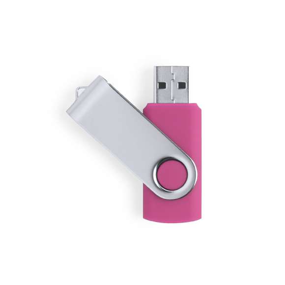 Memoria USB de 32GB de capacidad, con mecanismo giratorio, cuerpo de suave acabado y clip metálico. Presentada en estuche individual.