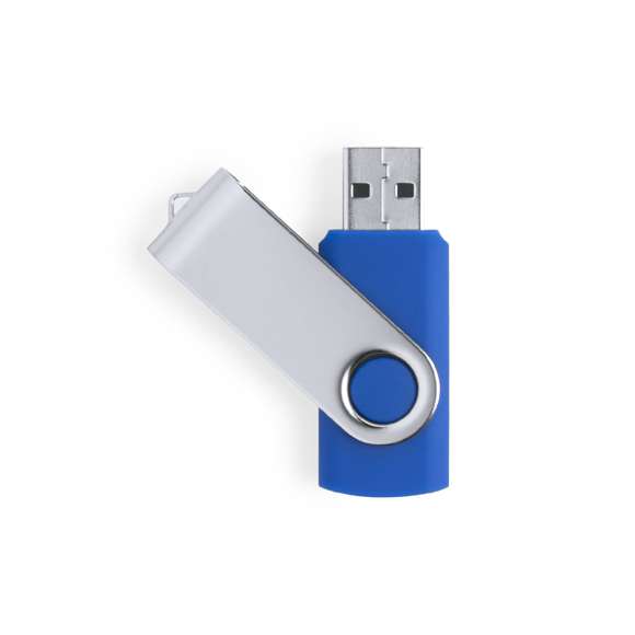 Memoria USB de 32GB de capacidad, con mecanismo giratorio, cuerpo de suave acabado y clip metálico. Presentada en estuche individual.