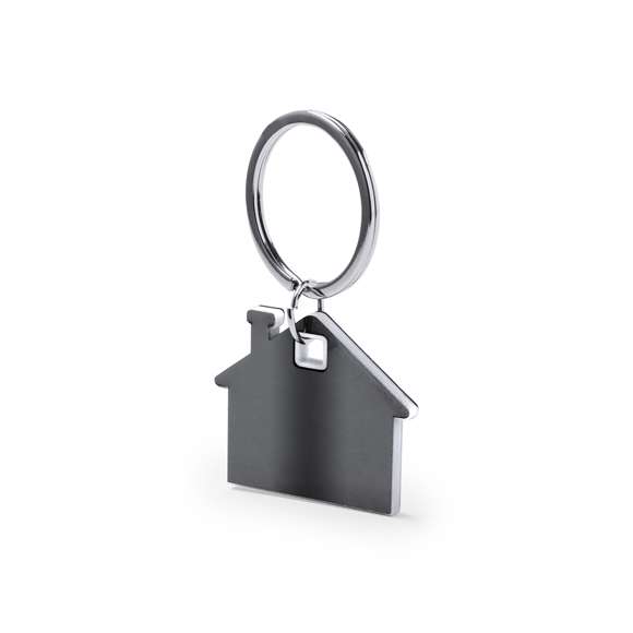 Llavero casita en original diseño con exterior en acero inox de tono gris espacial natural e interior en variada gama de colores. Presentado en bolsita individual con cartulina en elegante color gris.