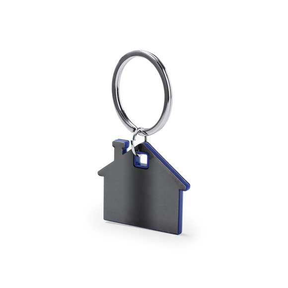 Llavero casita en original diseño con exterior en acero inox de tono gris espacial natural e interior en variada gama de colores. Presentado en bolsita individual con cartulina en elegante color gris.