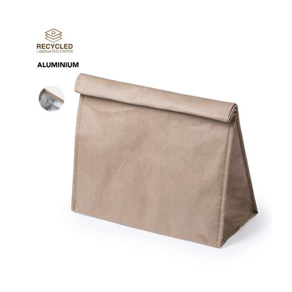 Bolsa térmica en papel resistente a la humedad de 85g/m2. Con interior isotermo acabado en aluminio, y cierre de velcro. 2,6 litros de capacidad.