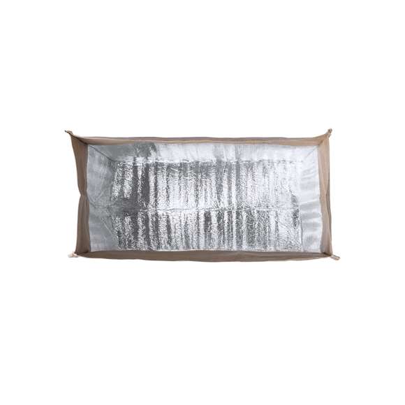Bolsa térmica en papel resistente a la humedad de 85g/m2. Con interior isotermo acabado en aluminio, y cierre de velcro. 2,6 litros de capacidad.