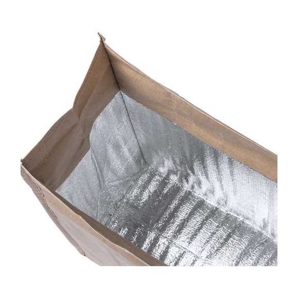 Bolsa térmica en papel resistente a la humedad de 85g/m2. Con interior isotermo acabado en aluminio, y cierre de velcro. 2,6 litros de capacidad.