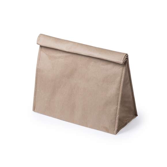 Bolsa térmica en papel resistente a la humedad de 85g/m2. Con interior isotermo acabado en aluminio, y cierre de velcro. 2,6 litros de capacidad.
