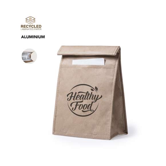 Bolsa térmica en papel resistente a la humedad de 85g/m2. Con interior isotermo acabado en aluminio, bolsillo exterior y cierre de velcro. 2,3 litros de capacidad.
