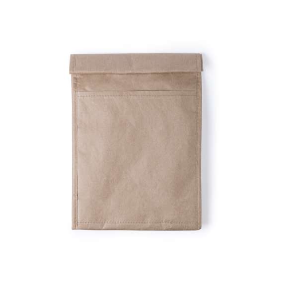 Bolsa térmica en papel resistente a la humedad de 85g/m2. Con interior isotermo acabado en aluminio, bolsillo exterior y cierre de velcro. 2,3 litros de capacidad.