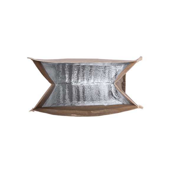 Bolsa térmica en papel resistente a la humedad de 85g/m2. Con interior isotermo acabado en aluminio, bolsillo exterior y cierre de velcro. 2,3 litros de capacidad.