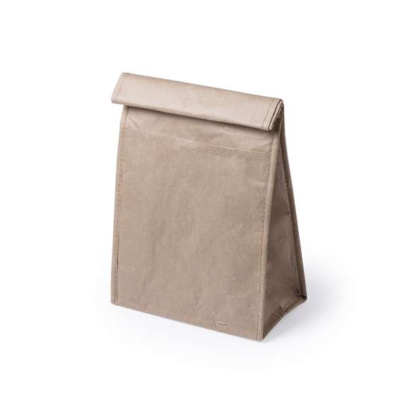 Bolsa térmica en papel resistente a la humedad de 85g/m2. Con interior isotermo acabado en aluminio, bolsillo exterior y cierre de velcro. 2,3 litros de capacidad.