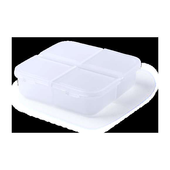  	Pastillero de 4 compartimentos en material ABS de acabado translúcido y libre de BPA. Con tapa individual por compartimento.