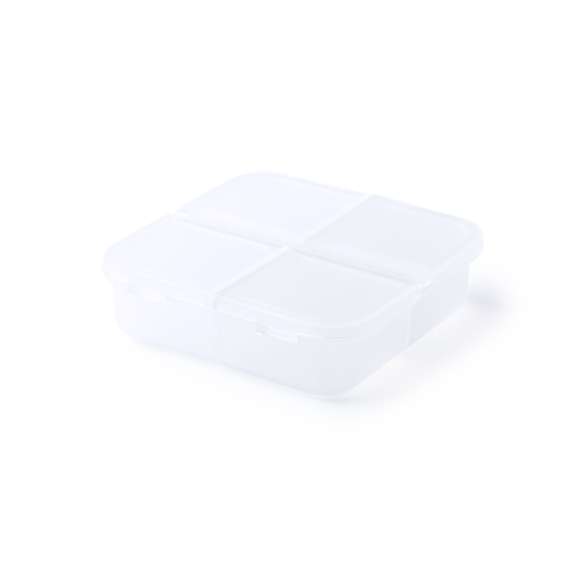  	Pastillero de 4 compartimentos en material ABS de acabado translúcido y libre de BPA. Con tapa individual por compartimento.
