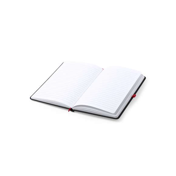 Bloc de notas con tapas de suave tacto acabadas en polipiel. En elegante color negro, con elástico de cierre, marcapáginas y soporte elástico para bolígrafo en vivos colores. Recubrimiento exterior especialmente diseñado para marcaje en láser, con el que conseguirá que su publicidad o marca quede perfectamente grabada en color a juego con el del artículo. Incluye 100 hojas con disposición a una raya.
