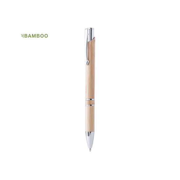 Bolígrafo de línea nature con cuerpo en madera de bambú. De mecanismo pulsador, con clip troquelado y detalles en acabado cromado. De cartucho jumbo y tinta negra.
