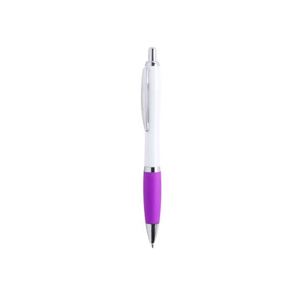 Bolígrafo de colorido diseño bicolor, con cuerpo acabado en color blanco y empuñadura en variada gama de llamativos colores. De mecanismo pulsador, con detalles cromados, clip metálico y tinta azul.