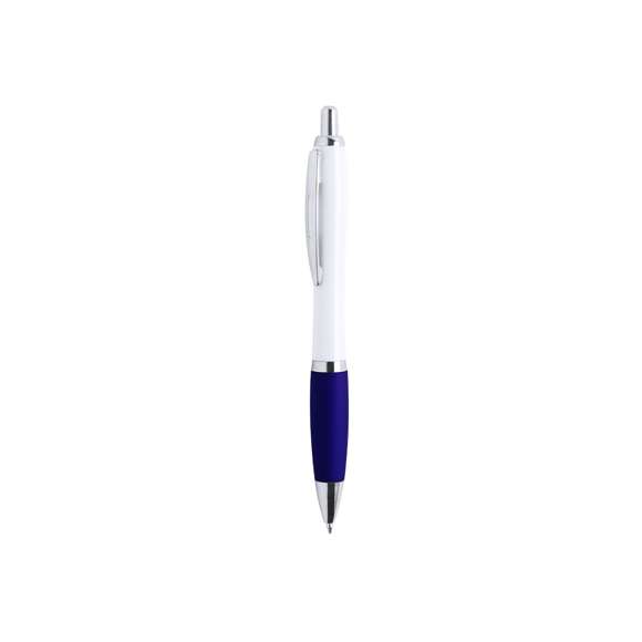 Bolígrafo de colorido diseño bicolor, con cuerpo acabado en color blanco y empuñadura en variada gama de llamativos colores. De mecanismo pulsador, con detalles cromados, clip metálico y tinta azul.