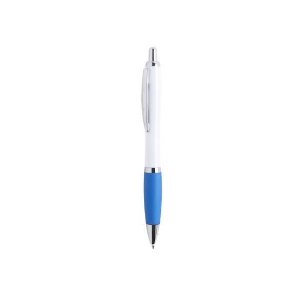 Bolígrafo de colorido diseño bicolor, con cuerpo acabado en color blanco y empuñadura en variada gama de llamativos colores. De mecanismo pulsador, con detalles cromados, clip metálico y tinta azul.