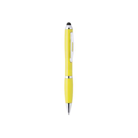 Bolígrafo puntero de colorido diseño, de apertura giratoria y cuerpo en vivos colores brillantes a juego con la empuñadura. Con detalles cromados y clip metálico. Cartucho jumbo y tinta azul.