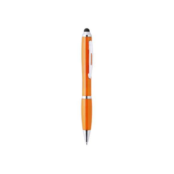 Bolígrafo puntero de colorido diseño, de apertura giratoria y cuerpo en vivos colores brillantes a juego con la empuñadura. Con detalles cromados y clip metálico. Cartucho jumbo y tinta azul.