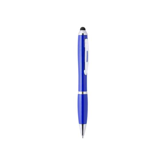 Bolígrafo puntero de colorido diseño, de apertura giratoria y cuerpo en vivos colores brillantes a juego con la empuñadura. Con detalles cromados y clip metálico. Cartucho jumbo y tinta azul.