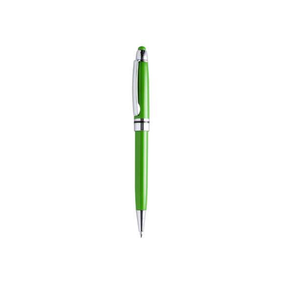 Bolígrafo puntero de colorido diseño, con cuerpo en vivos colores brillantes a juego con el puntero. De mecanismo pulsador, con detalles cromados y clip metálico. Cartucho jumbo y tinta azul.