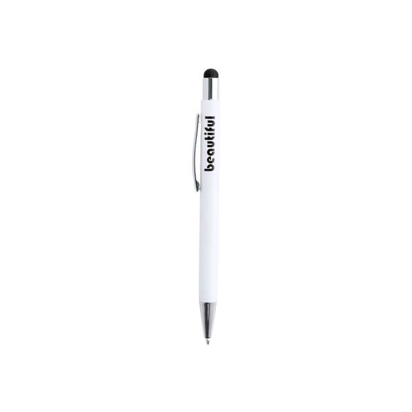 Bolígrafo puntero de mecanismo pulsador con cuerpo de aluminio en elegante color blanco mate. Puntero en variada gama de colores, a juego con el color del interior y con detalles cromados. Recubrimiento exterior especialmente diseñado para marcaje en láser, con el que conseguirá que su publicidad o marca quede perfectamente grabada en color a juego con el del interior. Con cartucho jumbo y tinta azul.