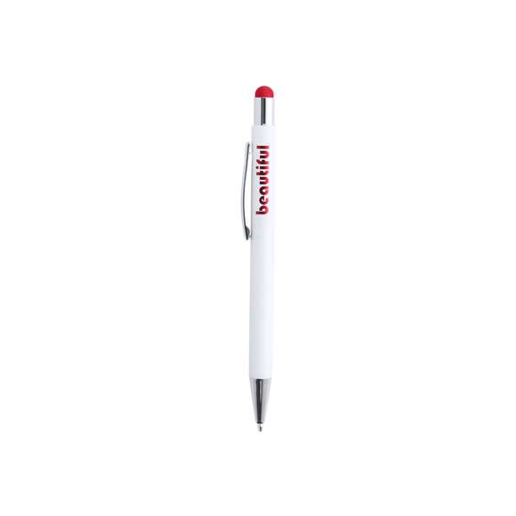 Bolígrafo puntero de mecanismo pulsador con cuerpo de aluminio en elegante color blanco mate. Puntero en variada gama de colores, a juego con el color del interior y con detalles cromados. Recubrimiento exterior especialmente diseñado para marcaje en láser, con el que conseguirá que su publicidad o marca quede perfectamente grabada en color a juego con el del interior. Con cartucho jumbo y tinta azul.