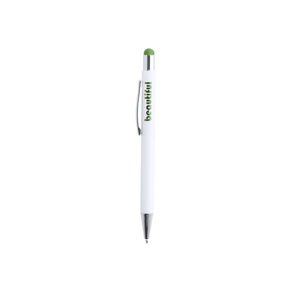Bolígrafo puntero de mecanismo pulsador con cuerpo de aluminio en elegante color blanco mate. Puntero en variada gama de colores, a juego con el color del interior y con detalles cromados. Recubrimiento exterior especialmente diseñado para marcaje en láser, con el que conseguirá que su publicidad o marca quede perfectamente grabada en color a juego con el del interior. Con cartucho jumbo y tinta azul.