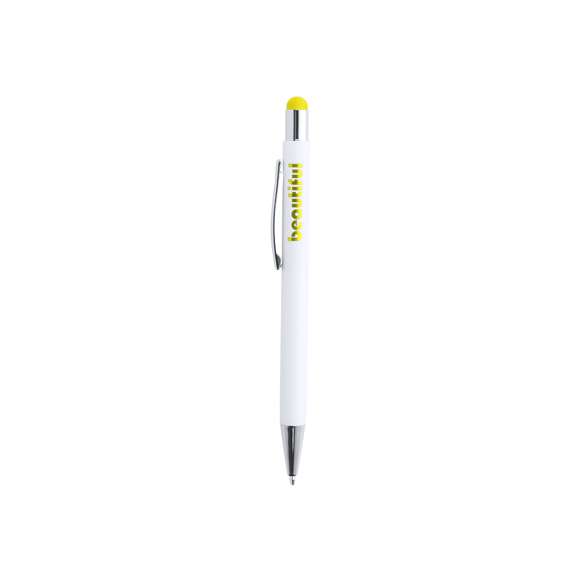 Bolígrafo puntero de mecanismo pulsador con cuerpo de aluminio en elegante color blanco mate. Puntero en variada gama de colores, a juego con el color del interior y con detalles cromados. Recubrimiento exterior especialmente diseñado para marcaje en láser, con el que conseguirá que su publicidad o marca quede perfectamente grabada en color a juego con el del interior. Con cartucho jumbo y tinta azul.