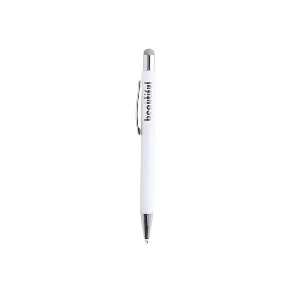 Bolígrafo puntero de mecanismo pulsador con cuerpo de aluminio en elegante color blanco mate. Puntero en variada gama de colores, a juego con el color del interior y con detalles cromados. Recubrimiento exterior especialmente diseñado para marcaje en láser, con el que conseguirá que su publicidad o marca quede perfectamente grabada en color a juego con el del interior. Con cartucho jumbo y tinta azul.