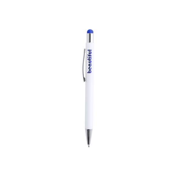 Bolígrafo puntero de mecanismo pulsador con cuerpo de aluminio en elegante color blanco mate. Puntero en variada gama de colores, a juego con el color del interior y con detalles cromados. Recubrimiento exterior especialmente diseñado para marcaje en láser, con el que conseguirá que su publicidad o marca quede perfectamente grabada en color a juego con el del interior. Con cartucho jumbo y tinta azul.