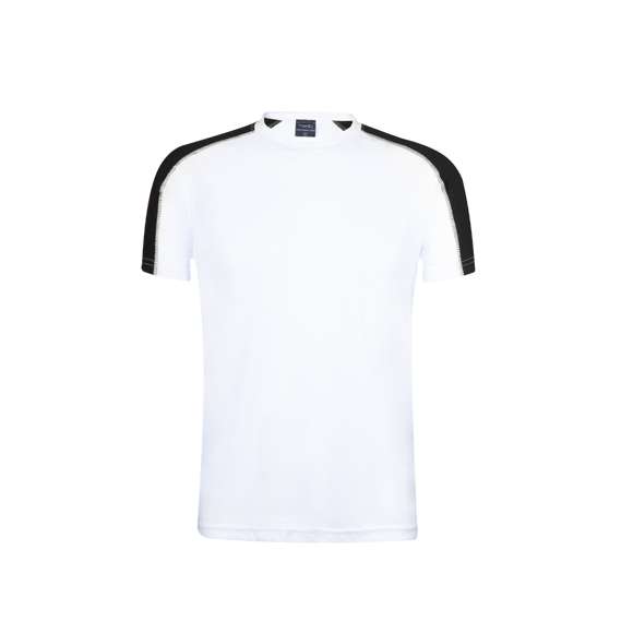 Camiseta técnica para adulto en material dynamic, altamente transpirable y confeccionada en tela 100% poliéster de 135g/m2. Original diseño en color blanco, con franja de color en las mangas. Disponible en variados colores y en tallas S, M, L, XL, XXL.
