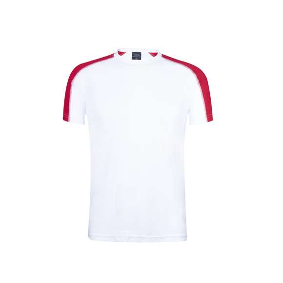 Camiseta técnica para adulto en material dynamic, altamente transpirable y confeccionada en tela 100% poliéster de 135g/m2. Original diseño en color blanco, con franja de color en las mangas. Disponible en variados colores y en tallas S, M, L, XL, XXL.