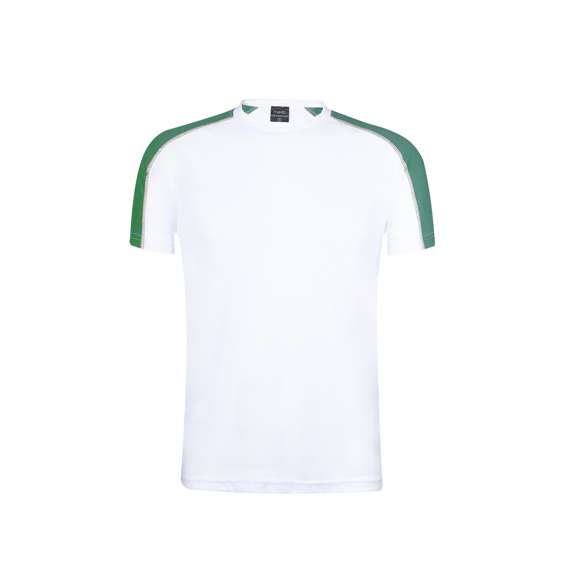 Camiseta técnica para adulto en material dynamic, altamente transpirable y confeccionada en tela 100% poliéster de 135g/m2. Original diseño en color blanco, con franja de color en las mangas. Disponible en variados colores y en tallas S, M, L, XL, XXL.