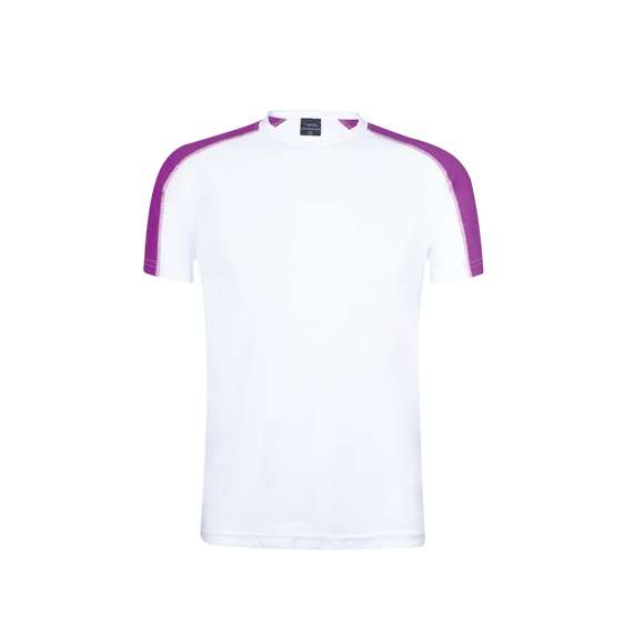 Camiseta técnica para adulto en material dynamic, altamente transpirable y confeccionada en tela 100% poliéster de 135g/m2. Original diseño en color blanco, con franja de color en las mangas. Disponible en variados colores y en tallas S, M, L, XL, XXL.