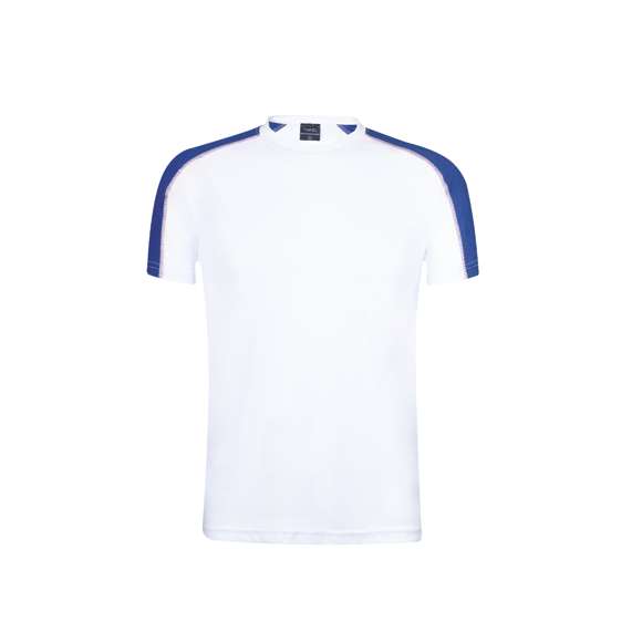 Camiseta técnica para adulto en material dynamic, altamente transpirable y confeccionada en tela 100% poliéster de 135g/m2. Original diseño en color blanco, con franja de color en las mangas. Disponible en variados colores y en tallas S, M, L, XL, XXL.
