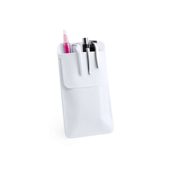  	Protector de bolsillo para guardar bolígrafos y otros utensilios. En resistente PVC de acabado termosellado, con solapa para fácil impresión.