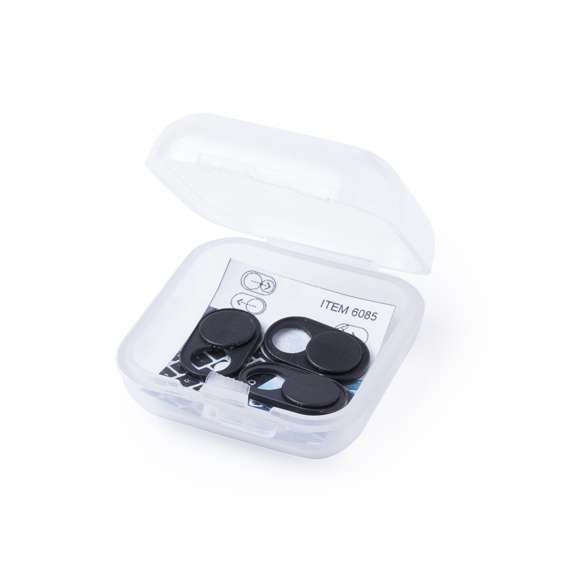  	Tapa para cámara de dispositivo móvil para proteger la privacidad. En tamaño ultra compacto y servida en estuche individual de achado translúcido con 3 piezas. Disponible en colores blanco y negro, set presentado en bolsita individual con cartulina de diseño.