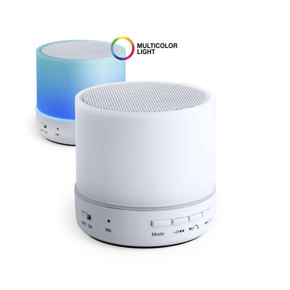  	Altavoz de Tecnología Led Inteligente y conexión Bluetooth®. 3W de potencia, con ranura USB para reproducir música desde unidad externa y función manos libres. Ranura para tarjetas micro SD de hasta 32 GB de capacidad, entrada auxiliar de línea mediante conexión jack de 3,5mm y base antideslizante. Radio FM, con luz multicolor, recargable mediante cable USB -incluido- y presentado en una atractiva caja de diseño.