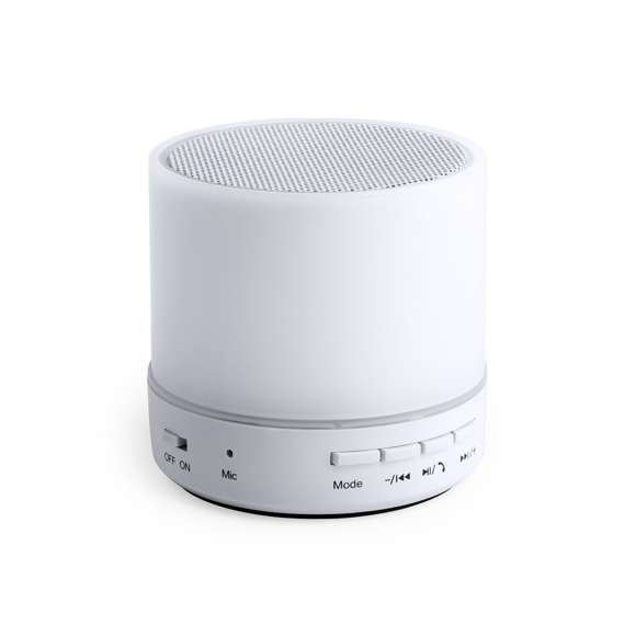  	Altavoz de Tecnología Led Inteligente y conexión Bluetooth®. 3W de potencia, con ranura USB para reproducir música desde unidad externa y función manos libres. Ranura para tarjetas micro SD de hasta 32 GB de capacidad, entrada auxiliar de línea mediante conexión jack de 3,5mm y base antideslizante. Radio FM, con luz multicolor, recargable mediante cable USB -incluido- y presentado en una atractiva caja de diseño.