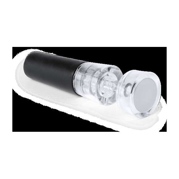 Tapón con bomba de vacío para botellas de vino en elegante diseño de color negro y transparente. Parte superior del tapón metálica para marcaje en láser o tampografía. Presentado en caja individual.