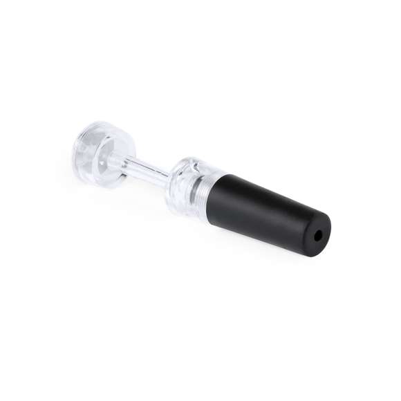Tapón con bomba de vacío para botellas de vino en elegante diseño de color negro. Parte superior del tapón para marcaje en tampografía. Presentado en caja individual.