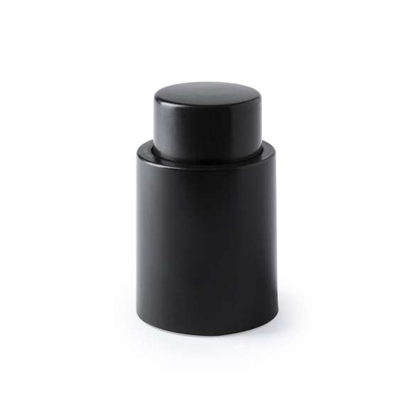 Tapón con bomba de vacío para botellas de vino en elegante diseño de color negro. Parte superior del tapón para marcaje en tampografía. Presentado en caja individual.