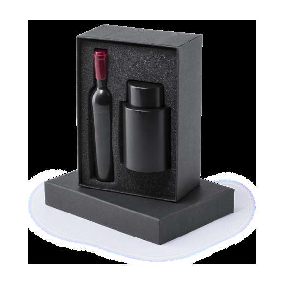Original set de vinos con sacacorchos en forma de botella de vino y tapón con bomba de vacío. Presentado en estuche individual de cartón negro con interior en suave espuma troquelada.
