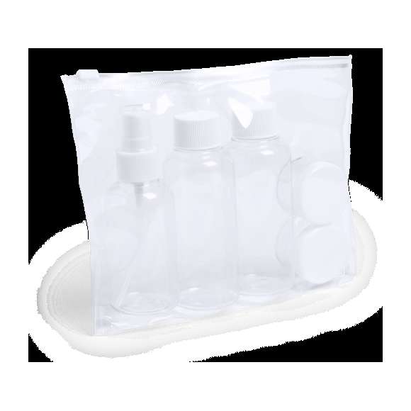Set neceser de viaje de 5 accesorios en diseño transparente. Incluye dos botes para gel y champú con tapón a rosca, perfumador y dos tarritos para crema. Presentado en estuche de PVC con cierre hermético a juego.