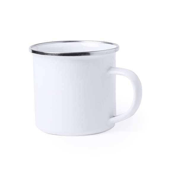 Taza metálica de diseño retro y 380ml de capacidad, con pequeñas imperfecciones para un aspecto vintage . Especialmente diseñada para marcaje en sublimación, con elegante anilla cromada y presentada en caja individual.