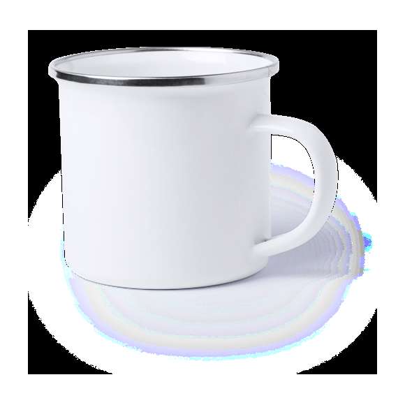 Taza metálica de diseño retro y 380ml de capacidad, con pequeñas imperfecciones para un aspecto vintage . Especialmente diseñada para marcaje en sublimación, con elegante anilla cromada y presentada en caja individual.