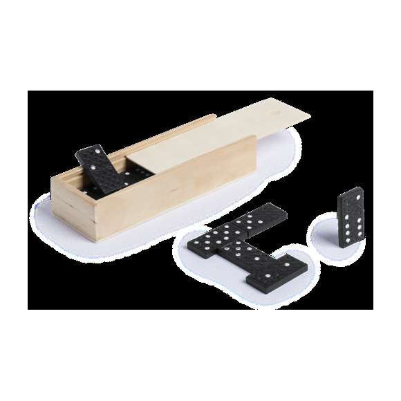 Dominó clásico de 28 piezas fabricado en madera. Piezas en sobrio diseño de color negro con detalle en blanco. Presentado en estuche individual de madera con tapa.